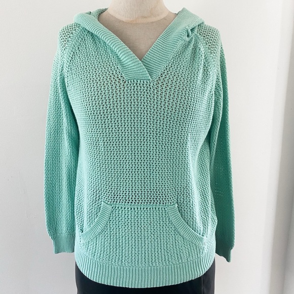 Turquoise Open-Knit Crochet Hoodie by Shirt 469, Size Medium, Linen Cotton Blend - Picture 7 of 11